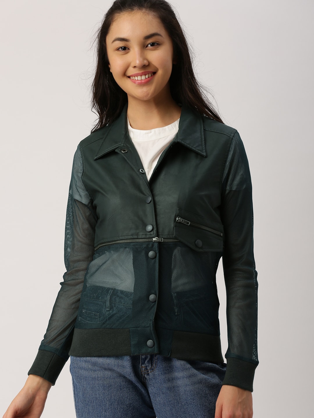 DressBerry Women Teal Green Solid Detachable Sporty Jacket