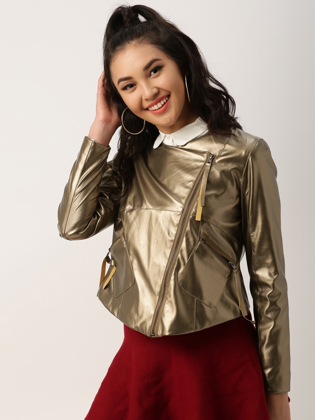 DressBerry Women Bronze-Toned Solid Biker Jacket