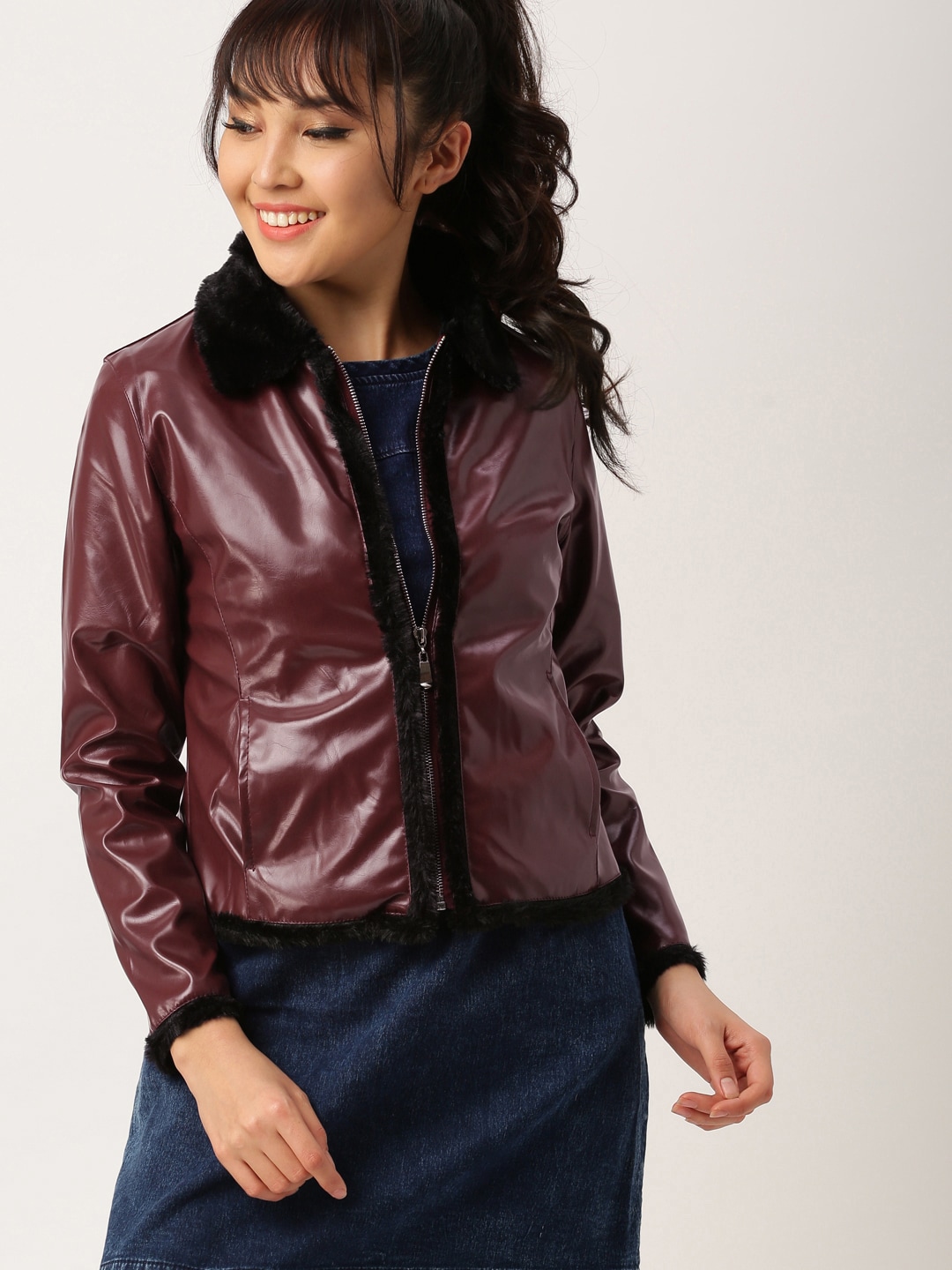 DressBerry Women Maroon Solid Biker Jacket