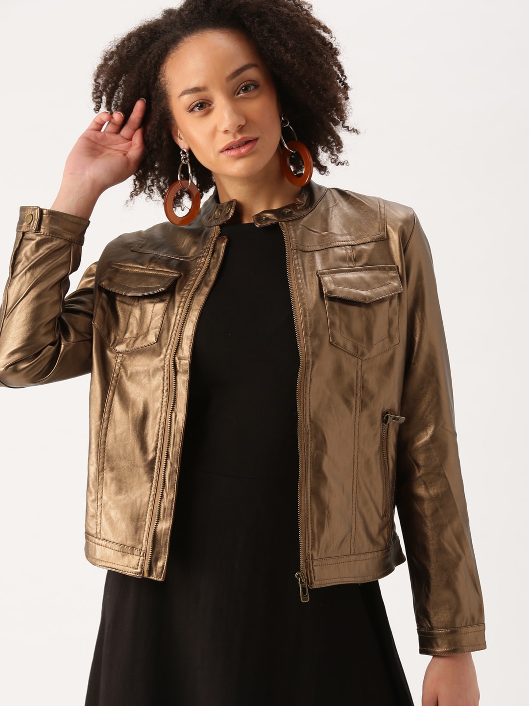 DressBerry Women Copper-Toned Solid Biker Jacket