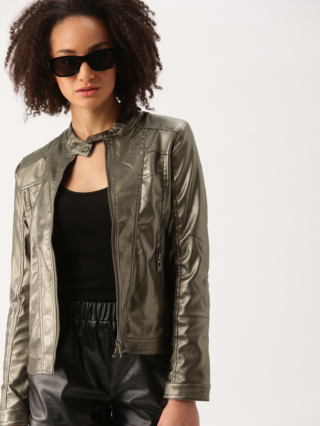 DressBerry Women Bronze-Toned Solid Biker Jacket