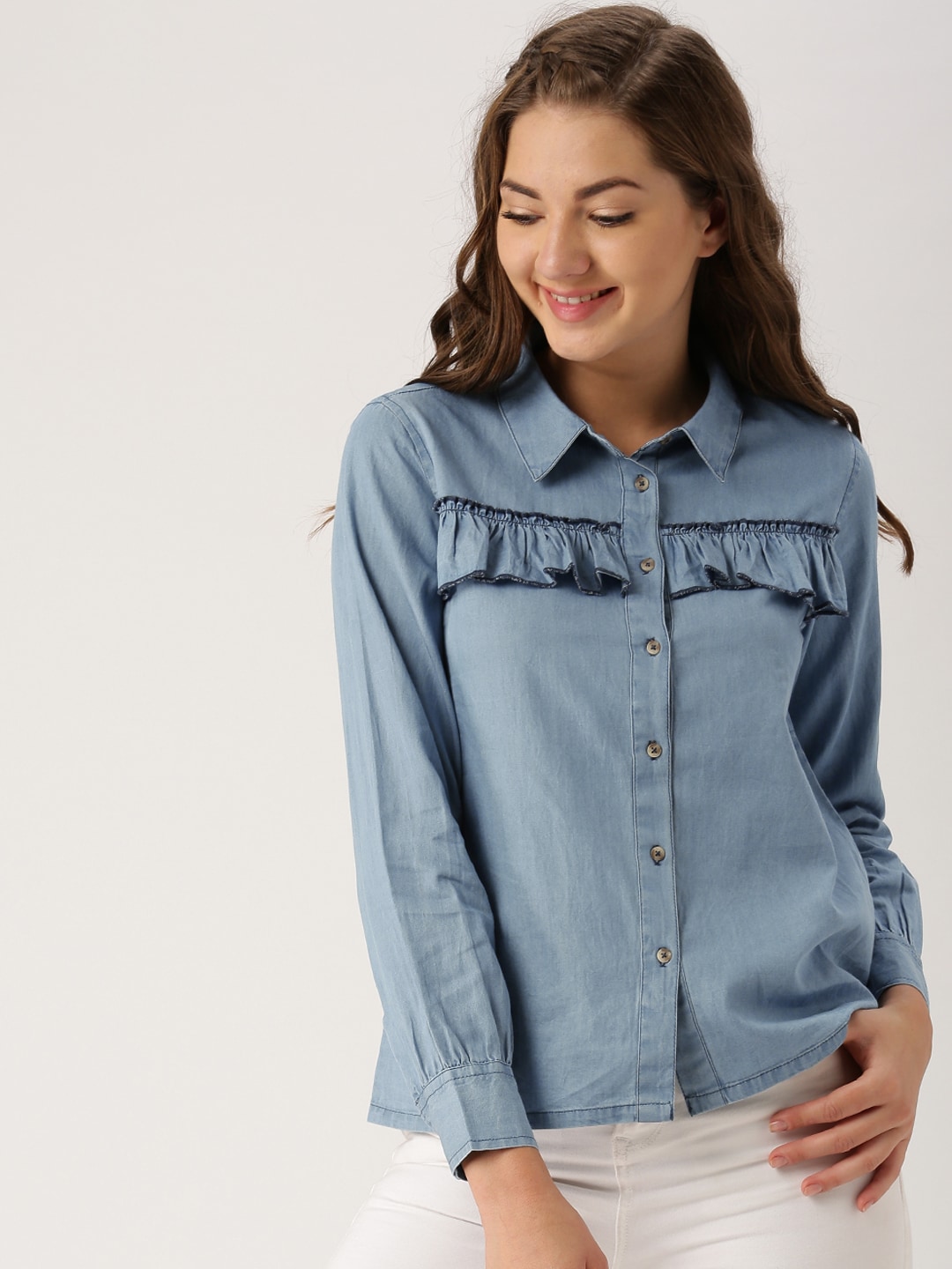 DressBerry Women Blue Regular Fit Solid Denim Casual Shirt