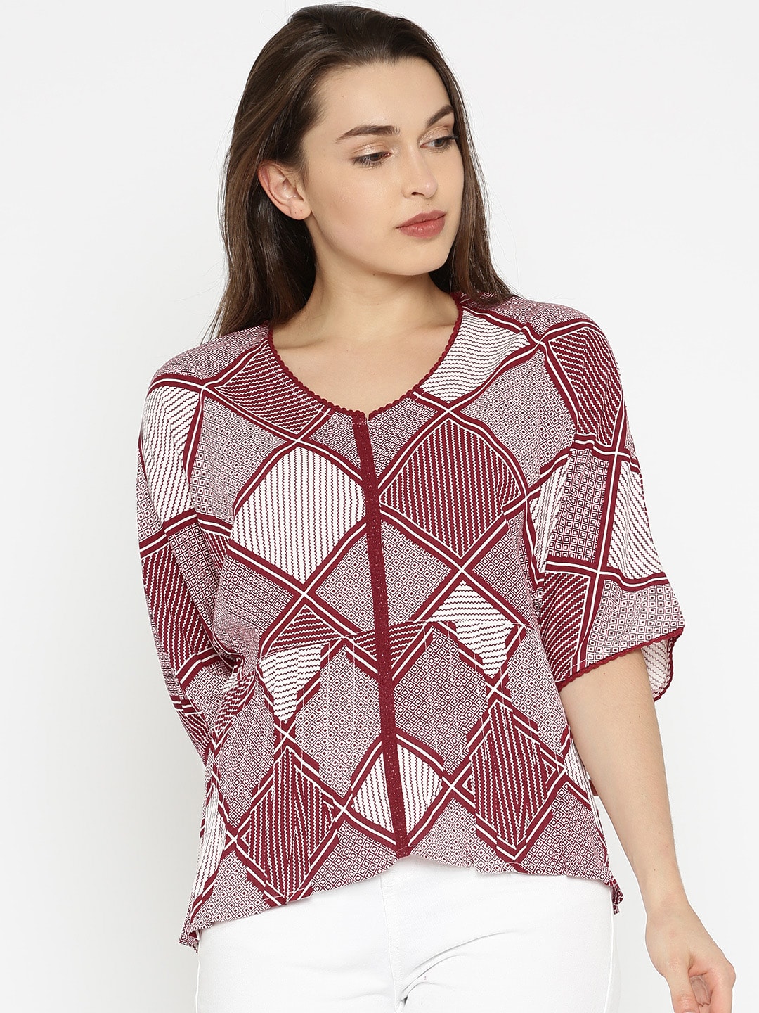 DressBerry Women Maroon  White Printed High-Low Top