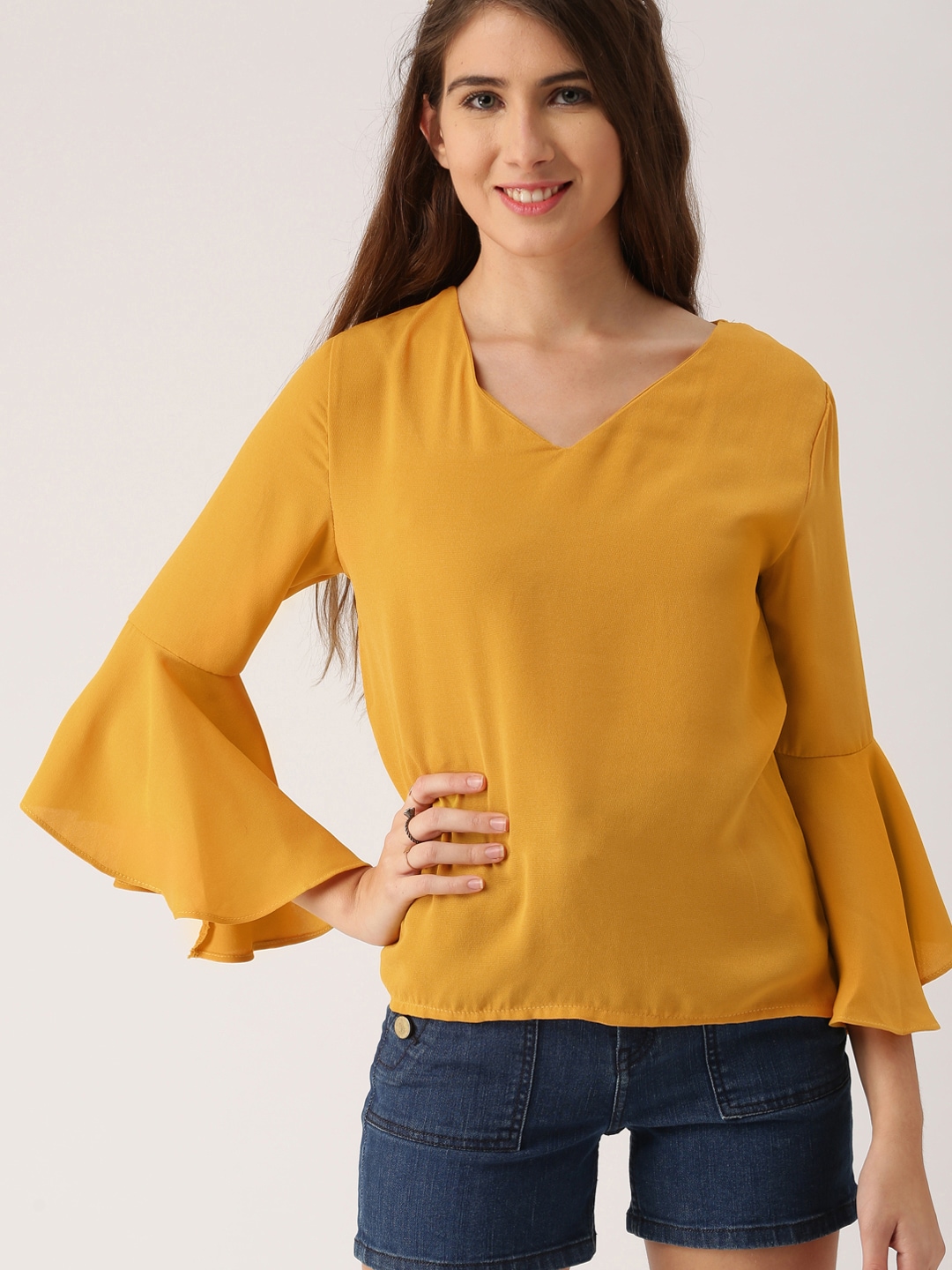 DressBerry Women Mustard Yellow Solid Top