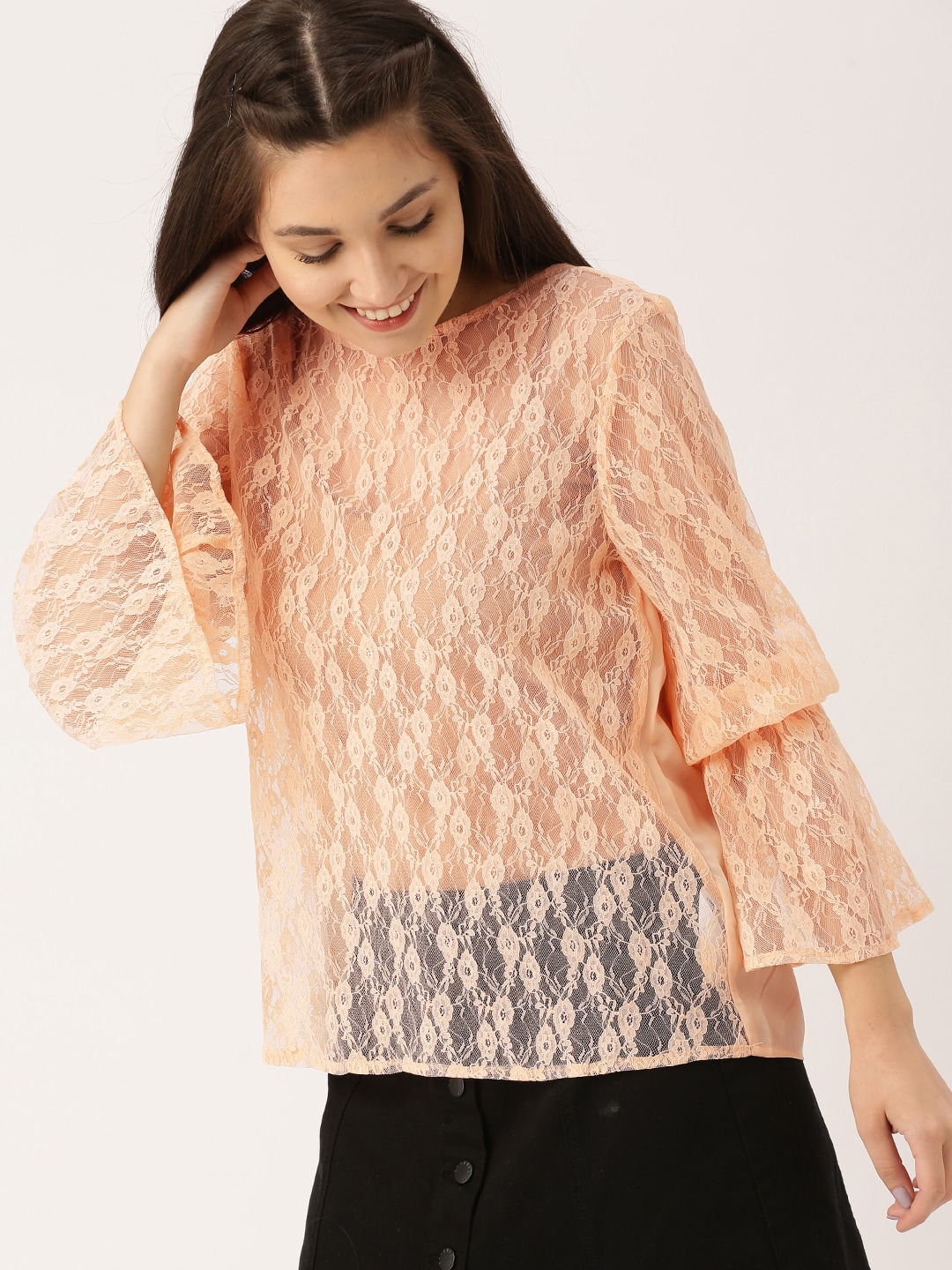 DressBerry Women Peach-Coloured Self Design Boxy Top