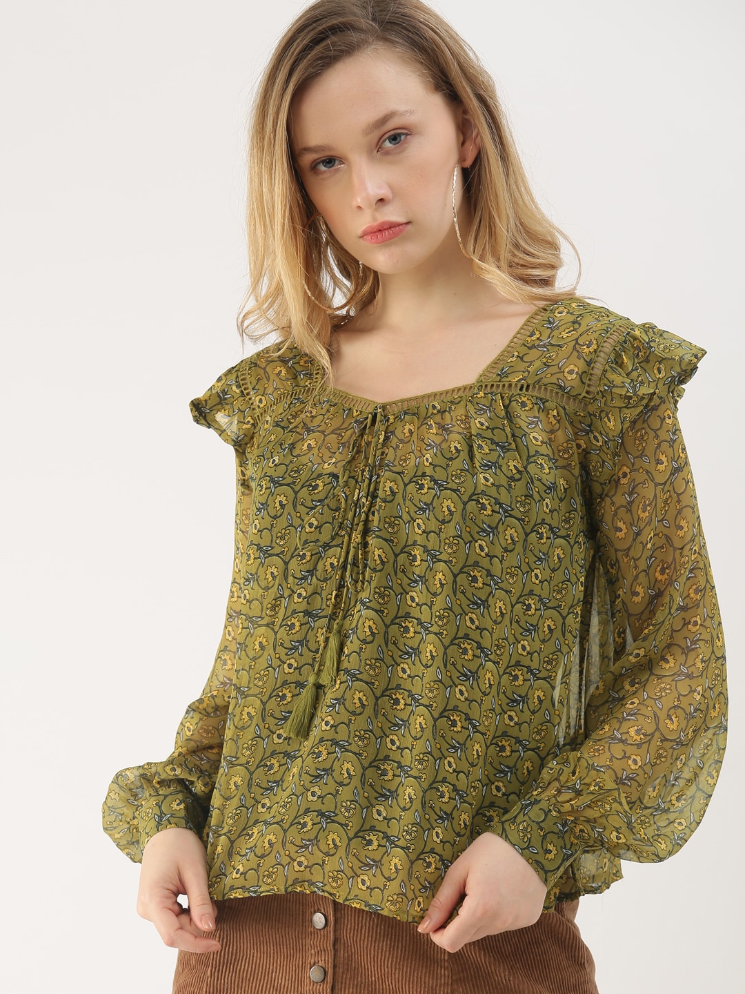 DressBerry Women Green Printed Semi-Sheer Top