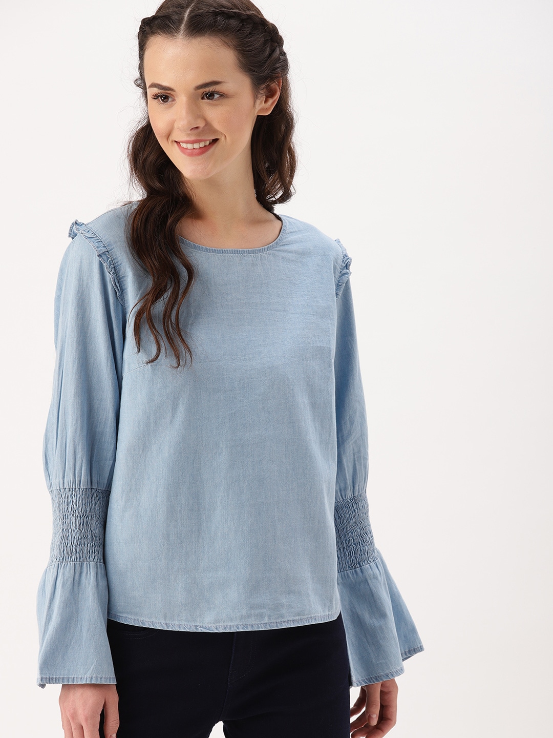 DressBerry Women Blue Solid Chambray Top