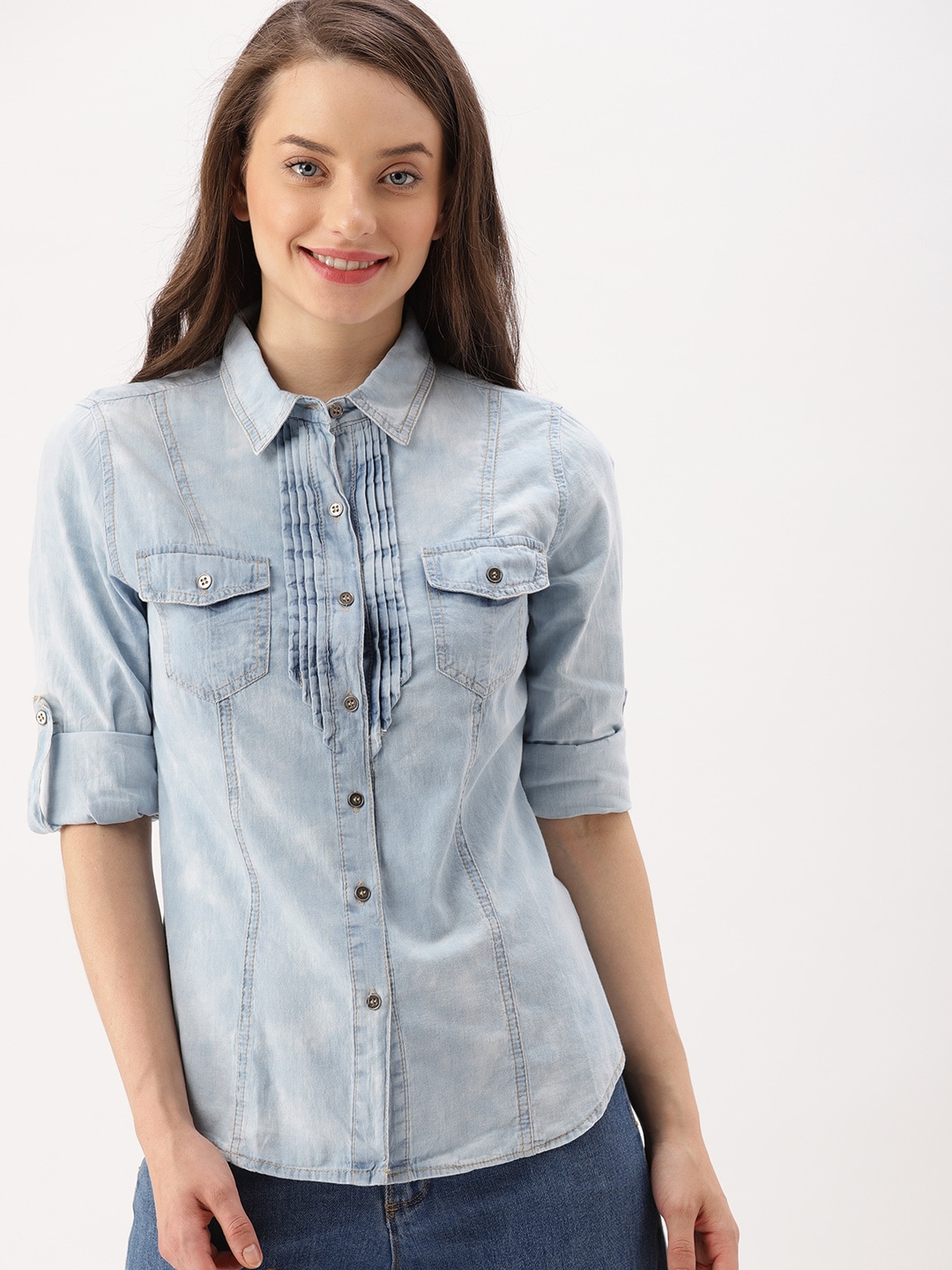 DressBerry Women Blue Regular Fit Faded Chambray Casual Shirt