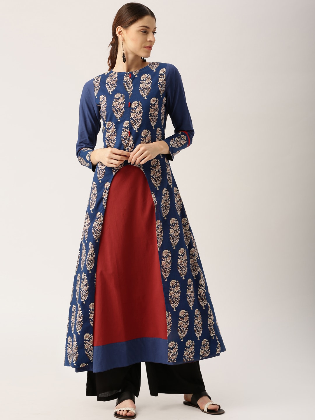 Desi Fusion Women Navy  Rust Brown Printed A-Line Kurta