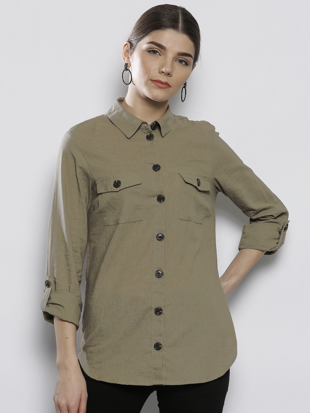 DOROTHY PERKINS Women Olive Green Regular Fit Solid Casual Shirt