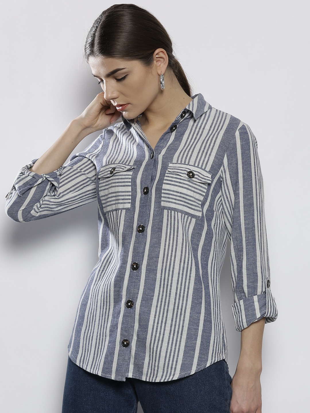 DOROTHY PERKINS Women Navy Blue  White Regular Fit Striped Casual Shirt