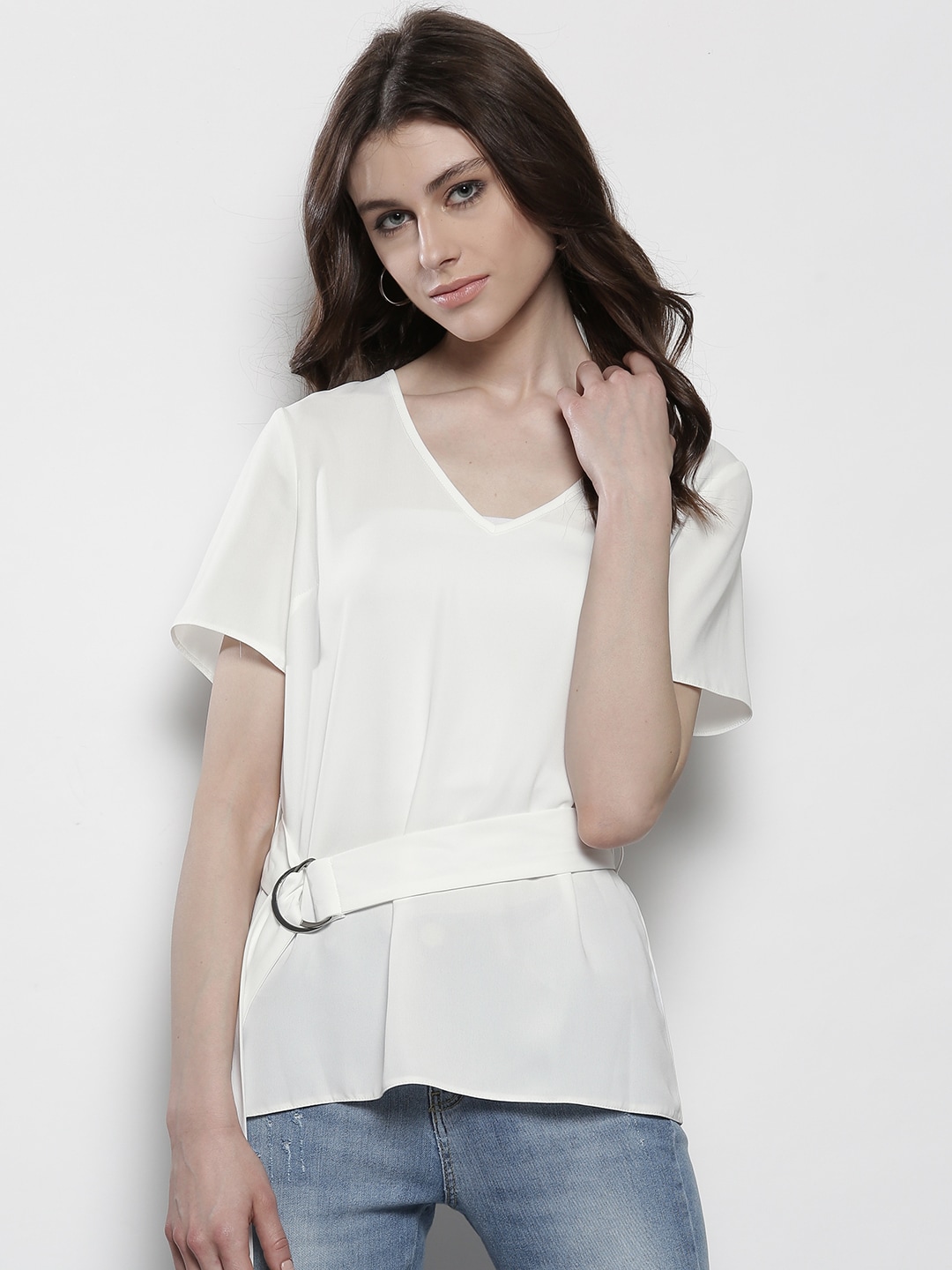 DOROTHY PERKINS Women White Solid Belted Top