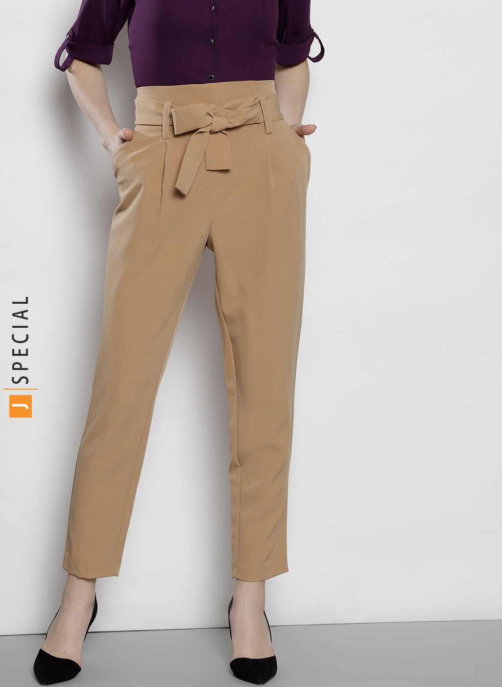 Beige Tapered Fit Solid Peg Trouser