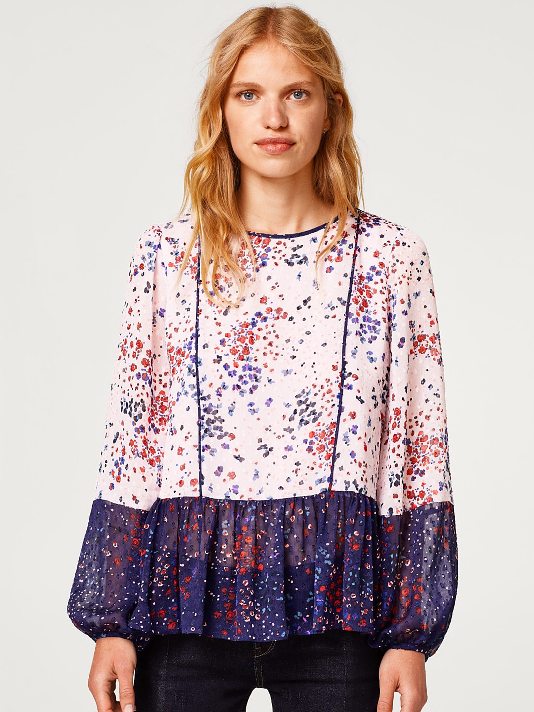 ESPRIT Women Pink  Navy Blue Printed A-Line Top