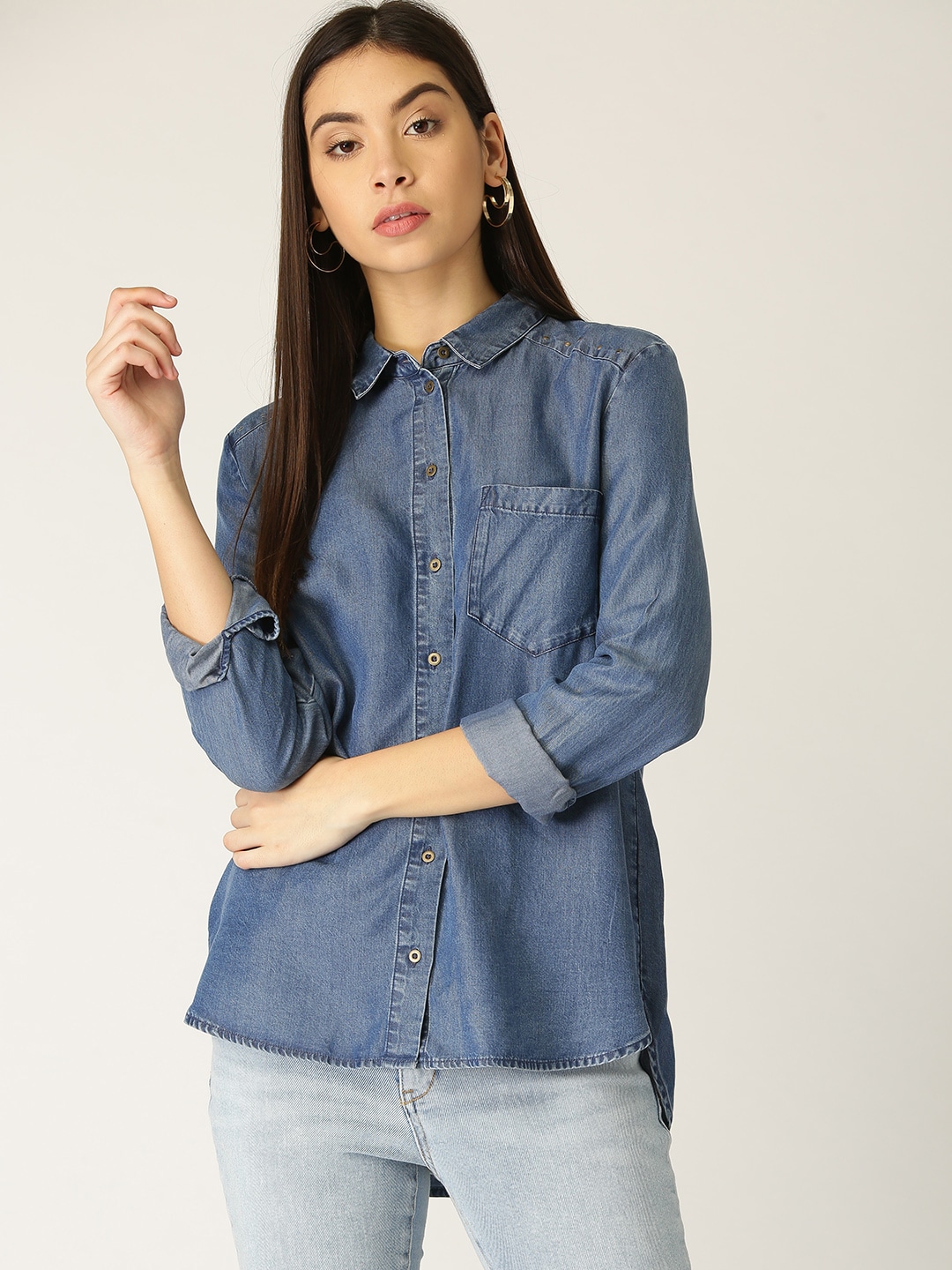 ESPRIT Women Blue Regular Fit Solid Casual Chambray Shirt