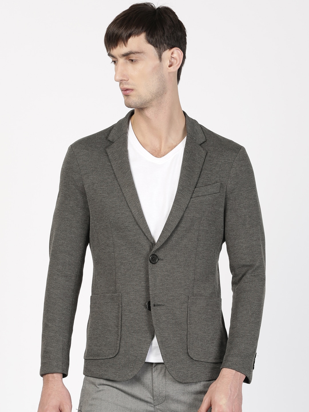 ether Grey Melange Single-Breasted Regular Fit Casual Blazer