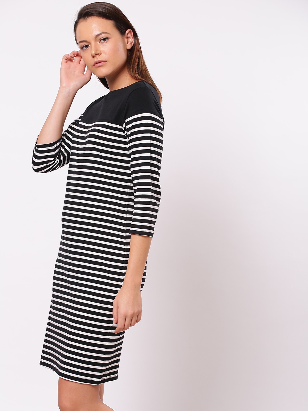 ether Women Black  White Striped T-shirt Dress