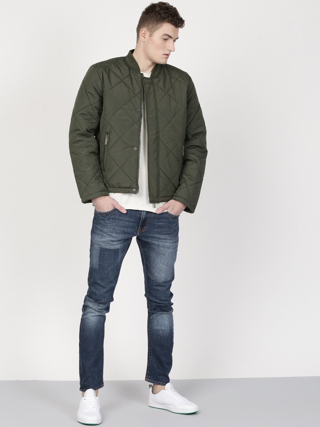 ether Men Olive Green Solid Bomber Jacket