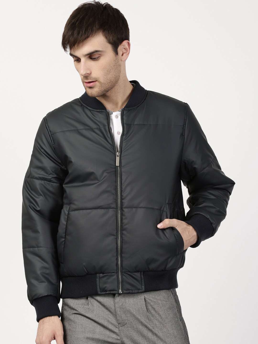 ether Men Navy Blue Solid Puffer Jacket