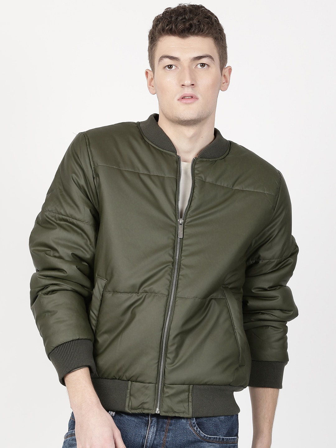 ether Men Olive Green Solid Puffer Jacket