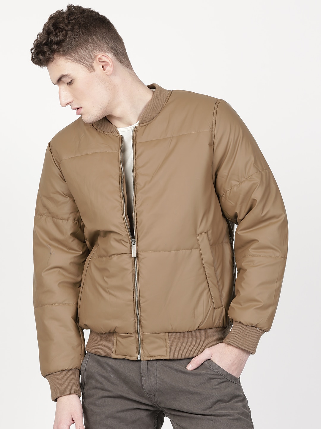 ether Men Tan Brown Solid Jacket