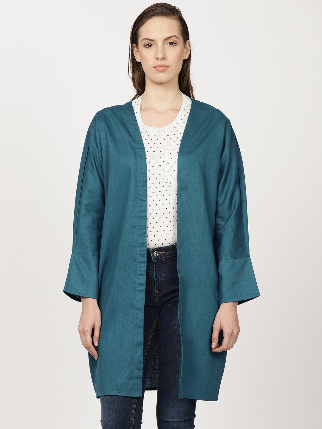 ether Teal Blue Solid Open Front Longline Shrug