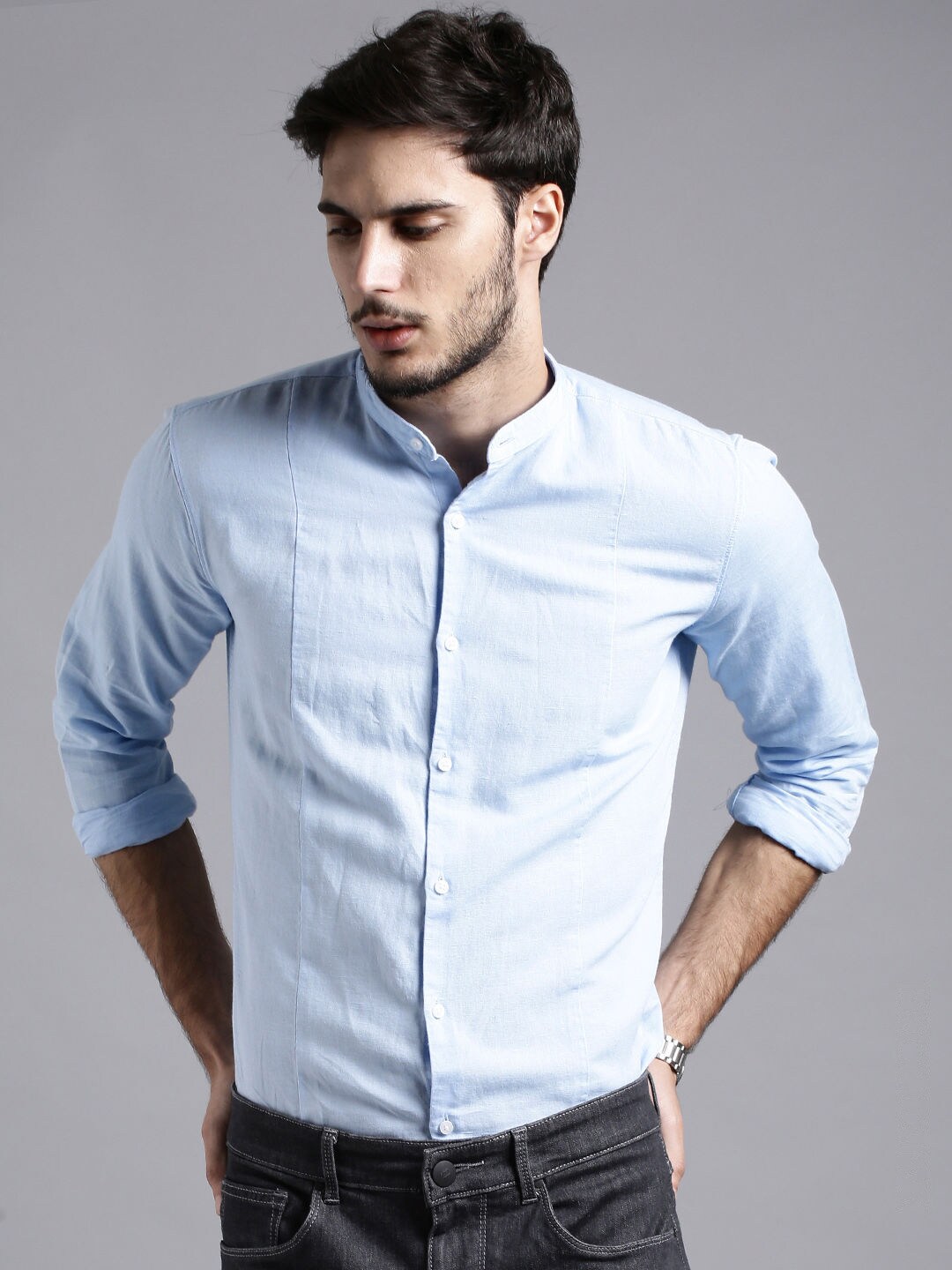 ether Men Blue Regular Fit Anti Microbial Cotton Linen Casual Shirt