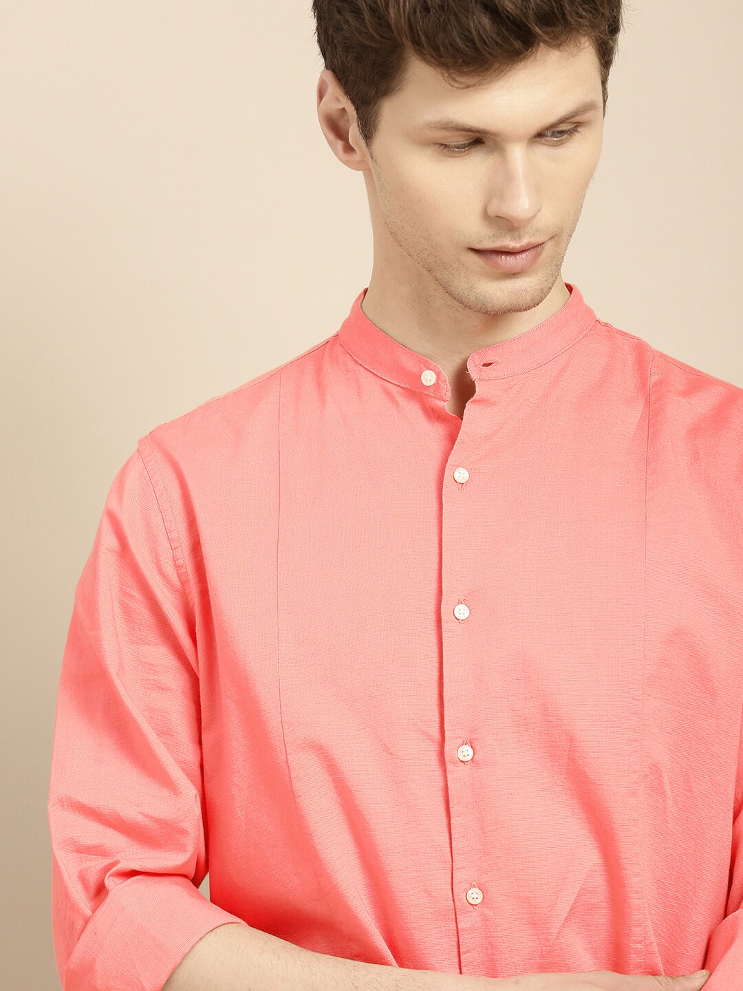 ether Men Peach Coloured Regular Fit Anti Microbial Cotton Linen Shirt