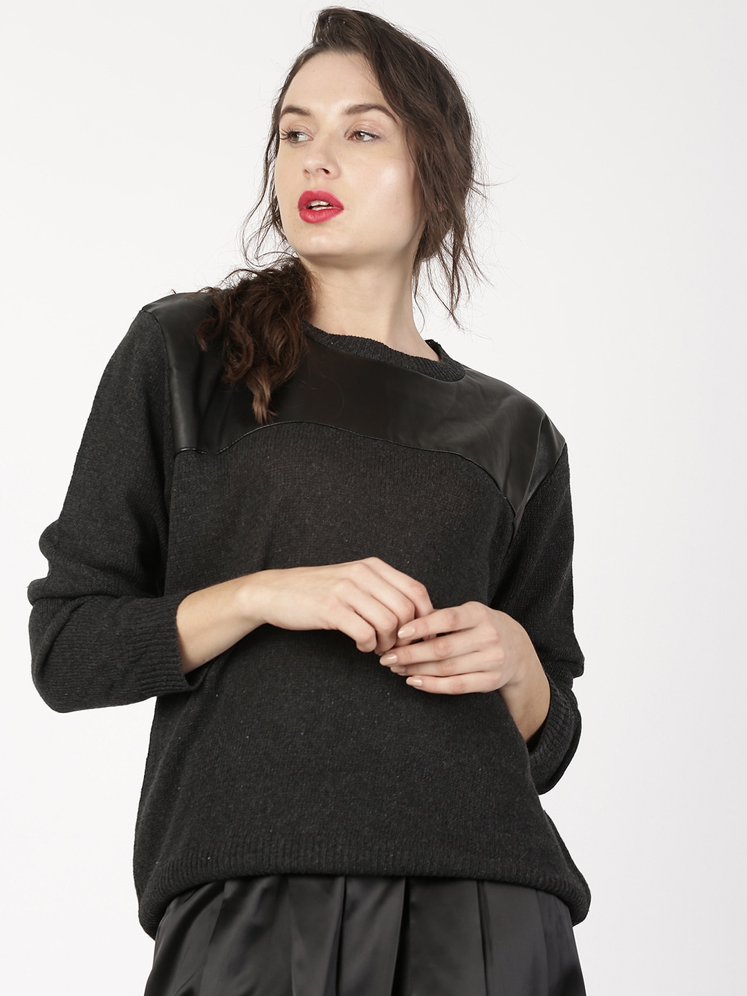 ether Charcoal Grey Faux Leather Panelled Sweater