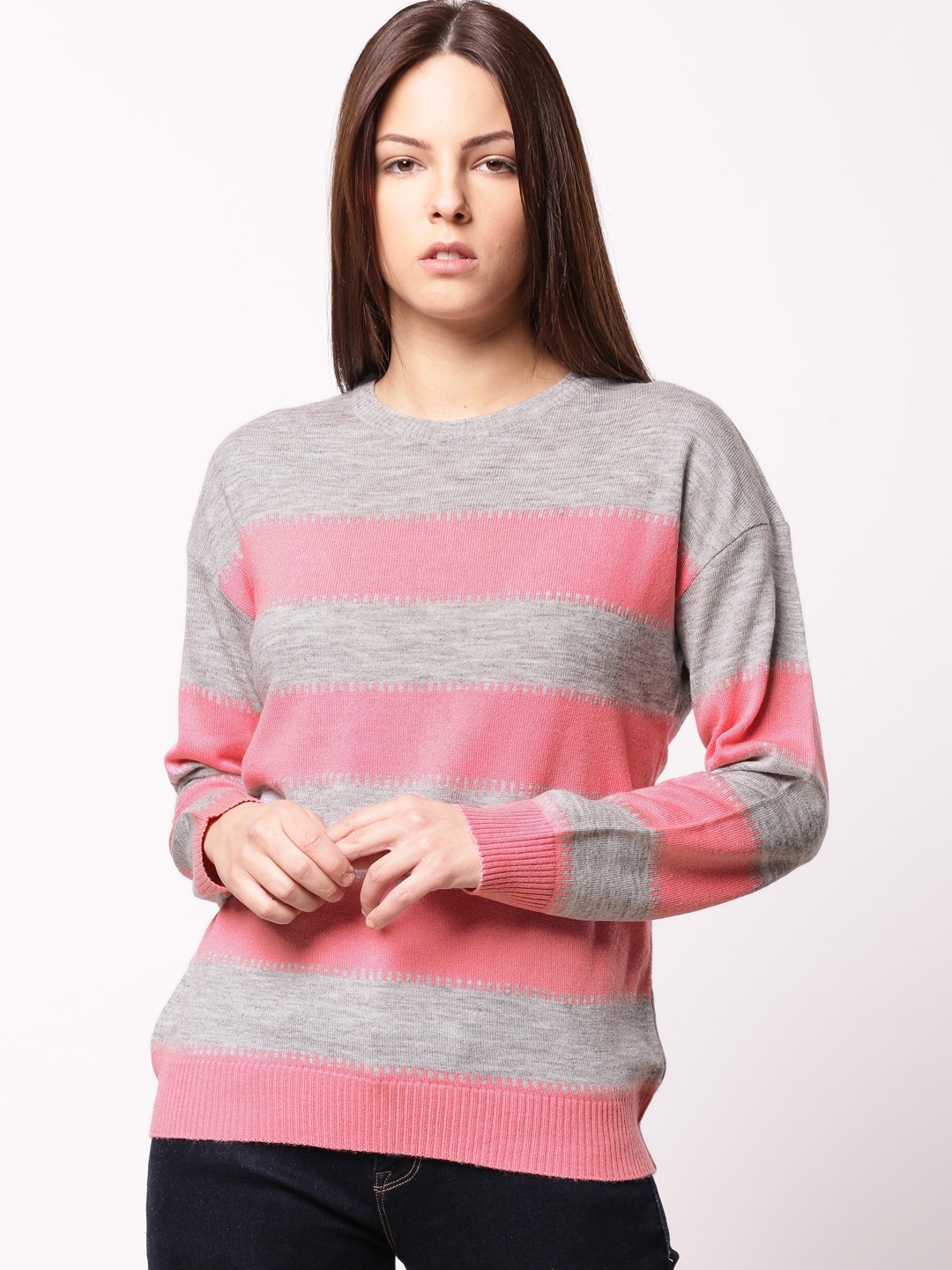 ether Women Grey  Pink Striped Pullover