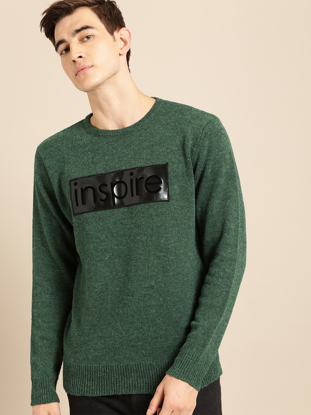 ether Men Olive Green Solid Sweater