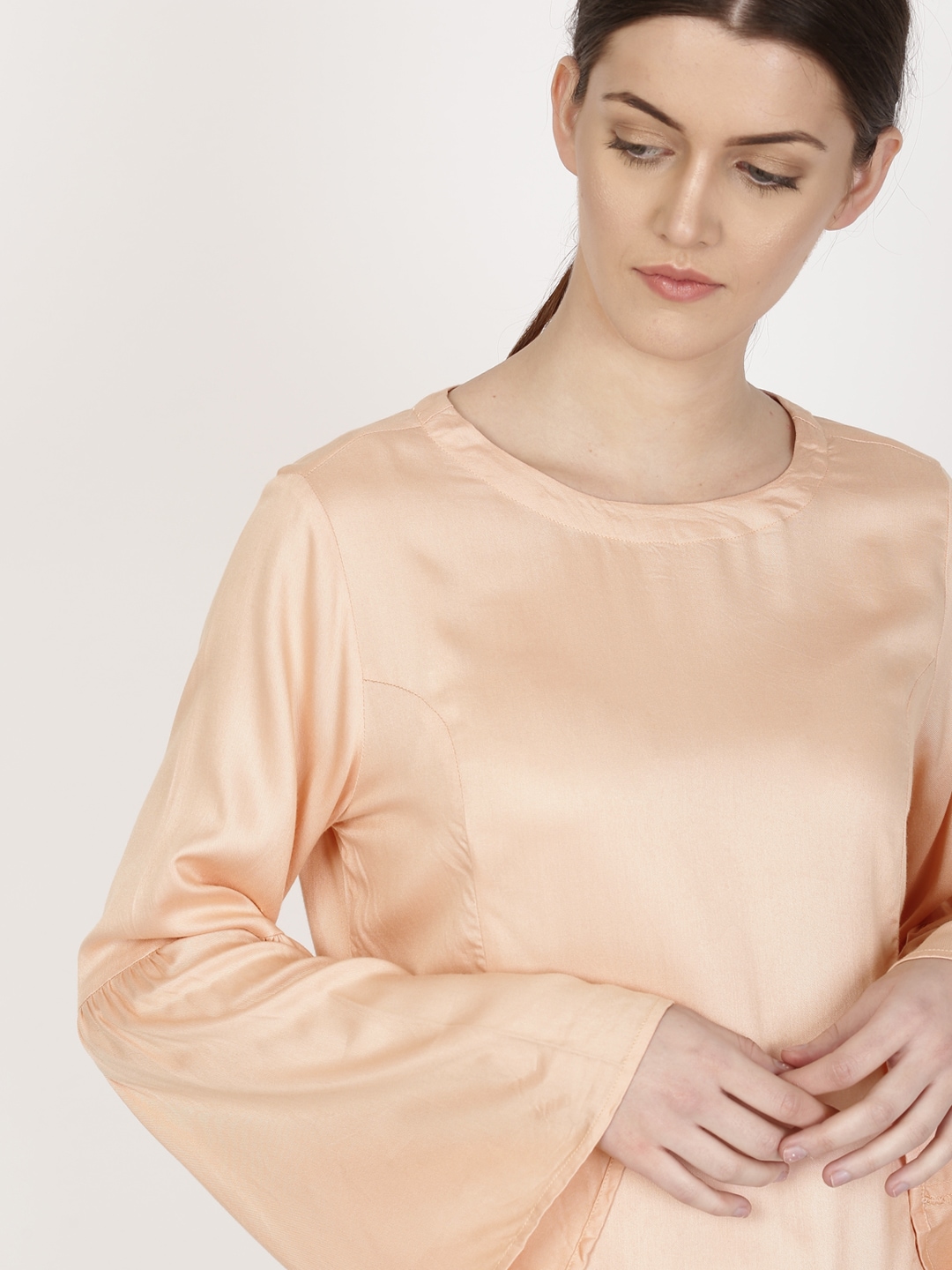 ether Women Peach-Coloured Solid Satin Finish Top