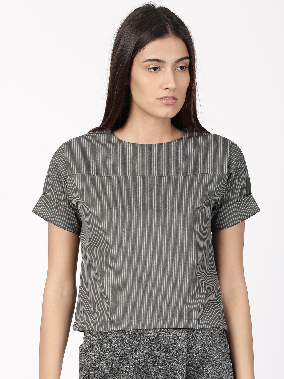 ether Women Grey Striped Crop Top