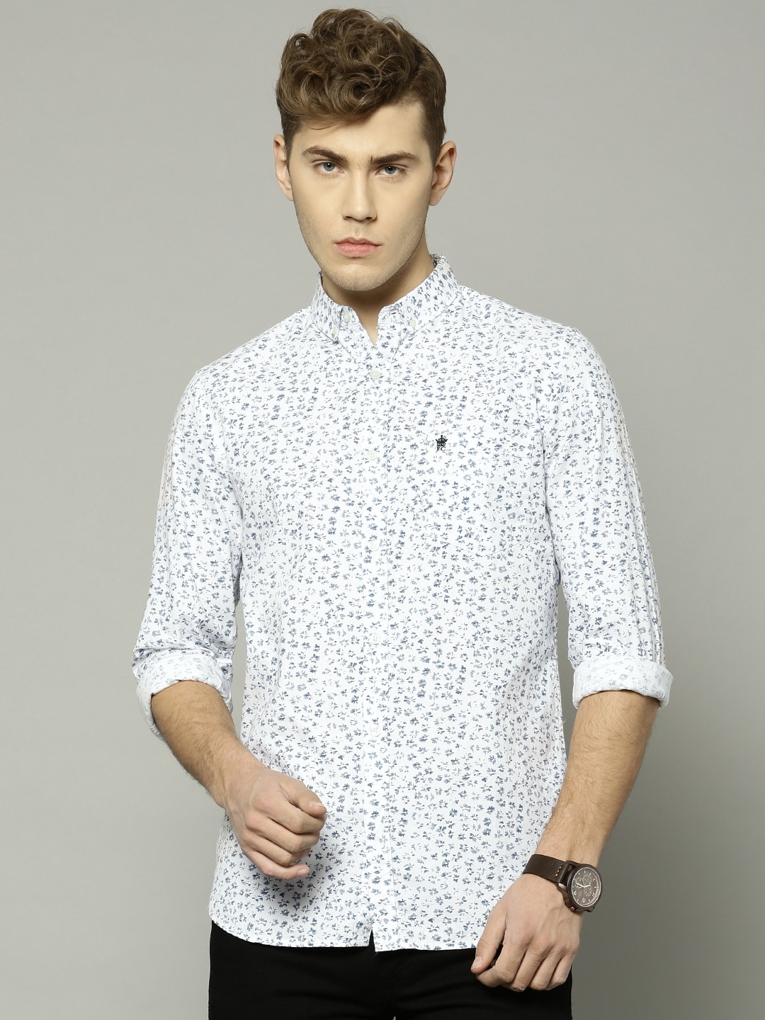 French Connection Men White  Blue Slim Fit Printed Casual Shirt