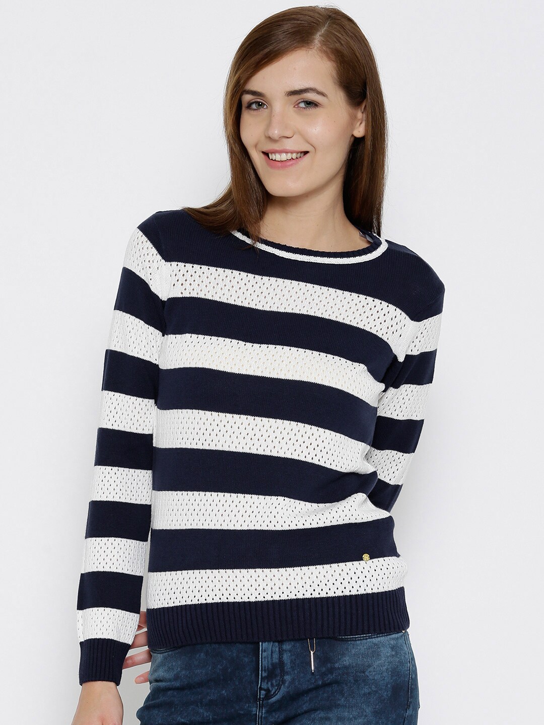 Flying Machine Women Navy  White Patterned Sweater