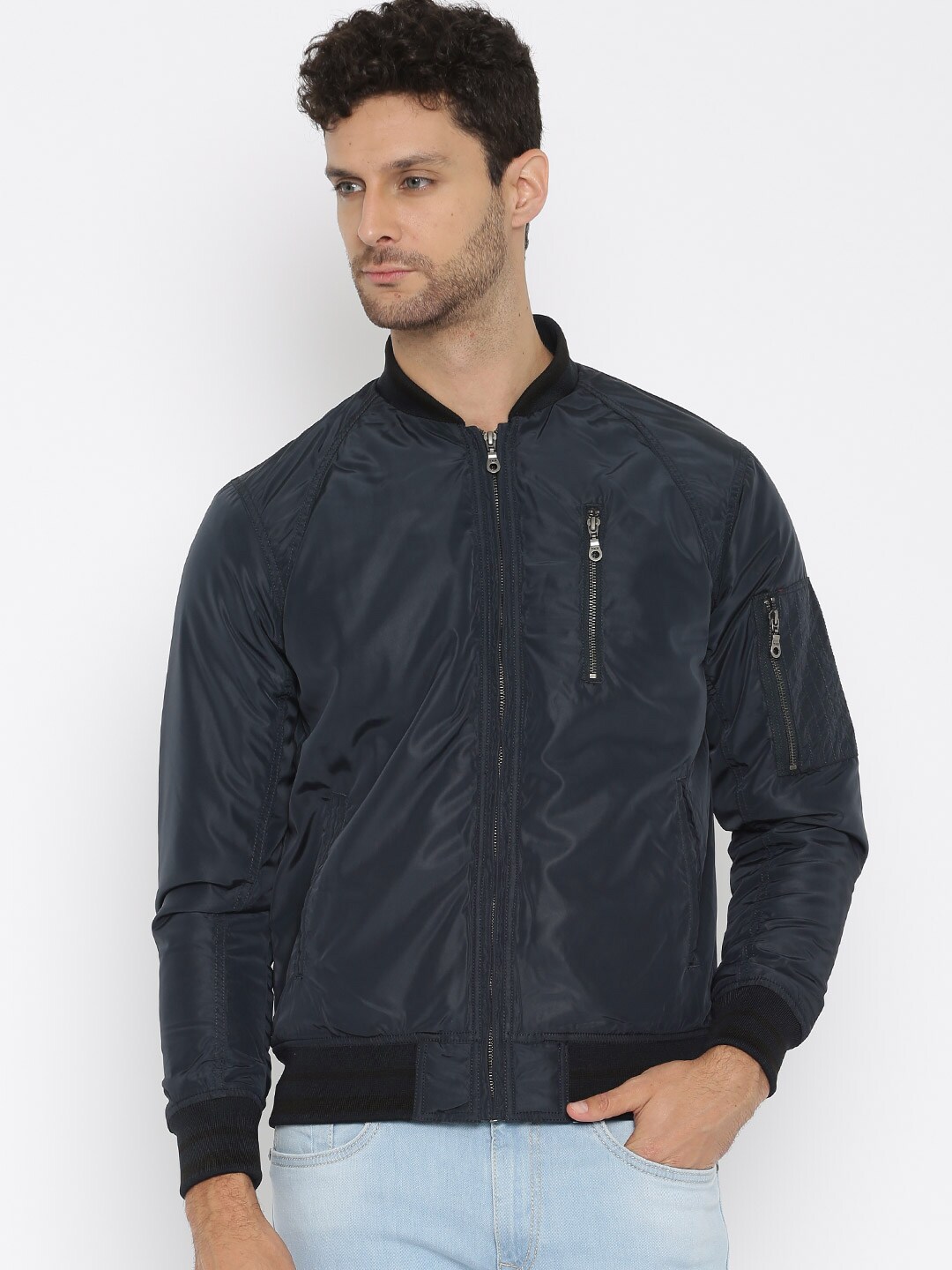 Forca by Lifestyle Men Navy Blue Solid Bomber Jacket