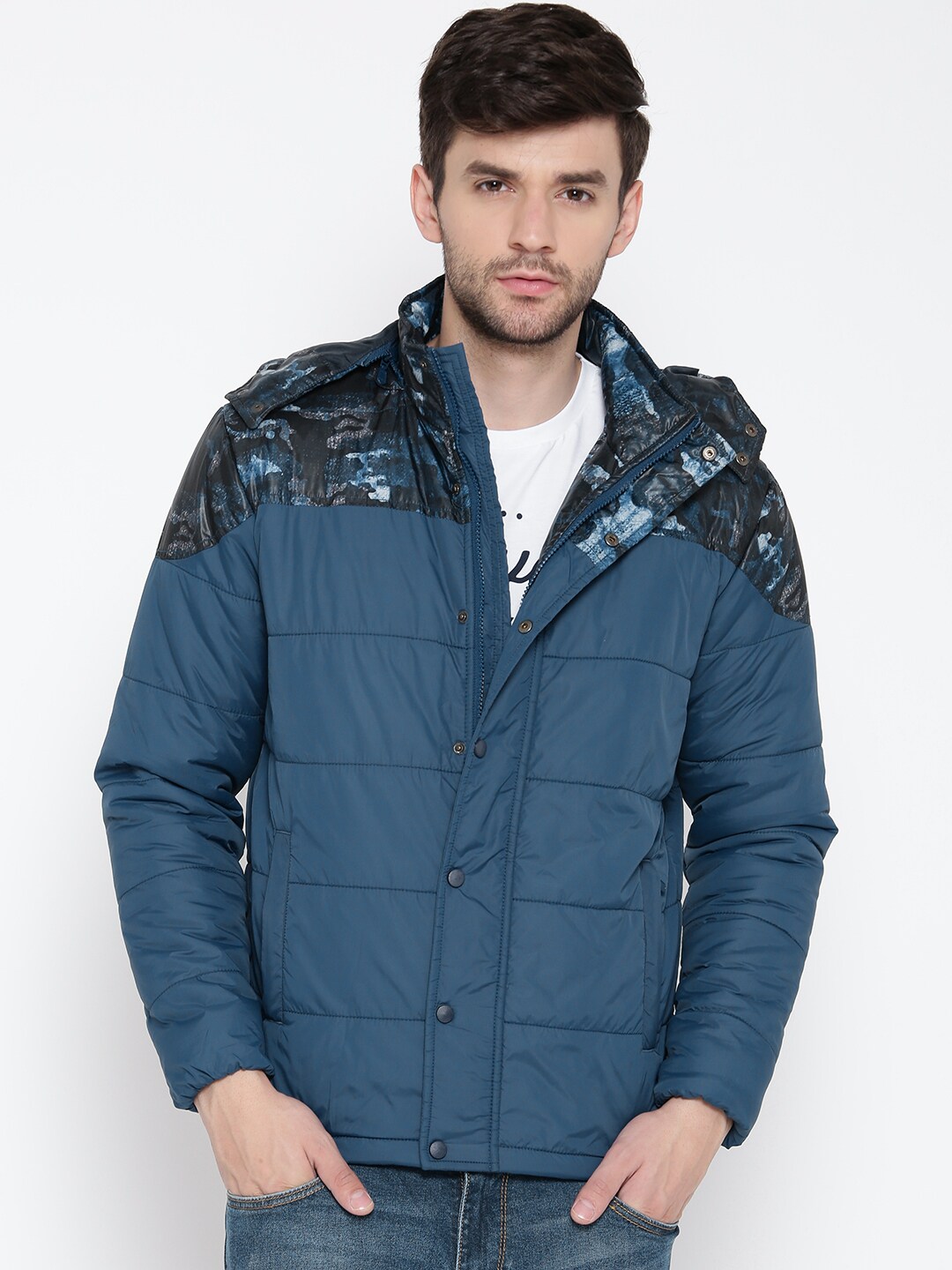 Forca by Lifestyle Men Blue Printed Padded Jacket with Detachable Hood