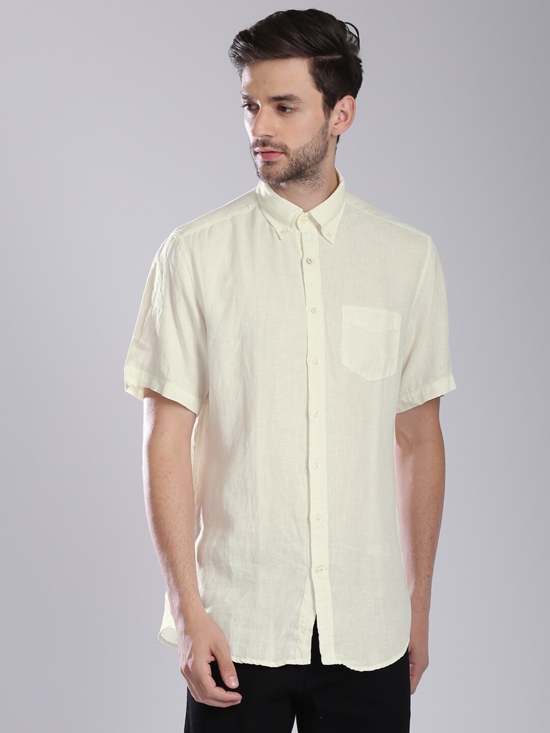 GANT Men Cream-Coloured Regular Fit Linen Casual Shirt