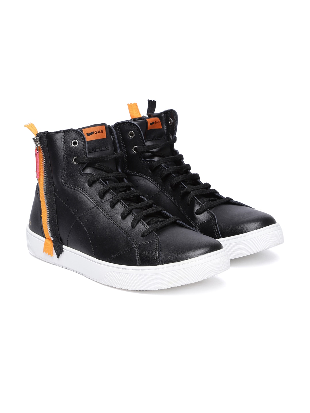 GAS Men Black Solid Leather Mid-Top Sneakers