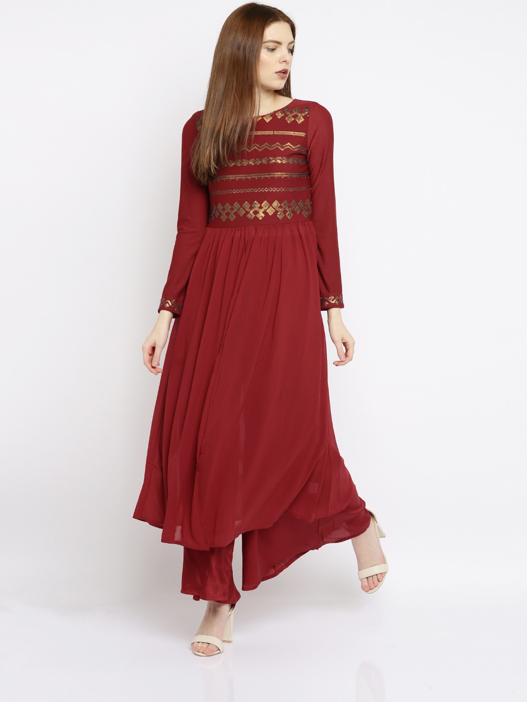 Global Desi Maroon Sequinned Kurta with Palazzos