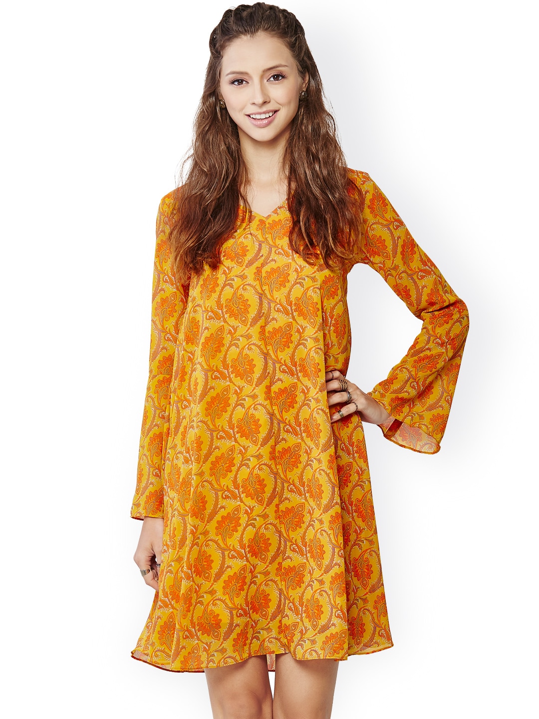 Global Desi Women Yellow  Orange Floral Printed A-Line Dress