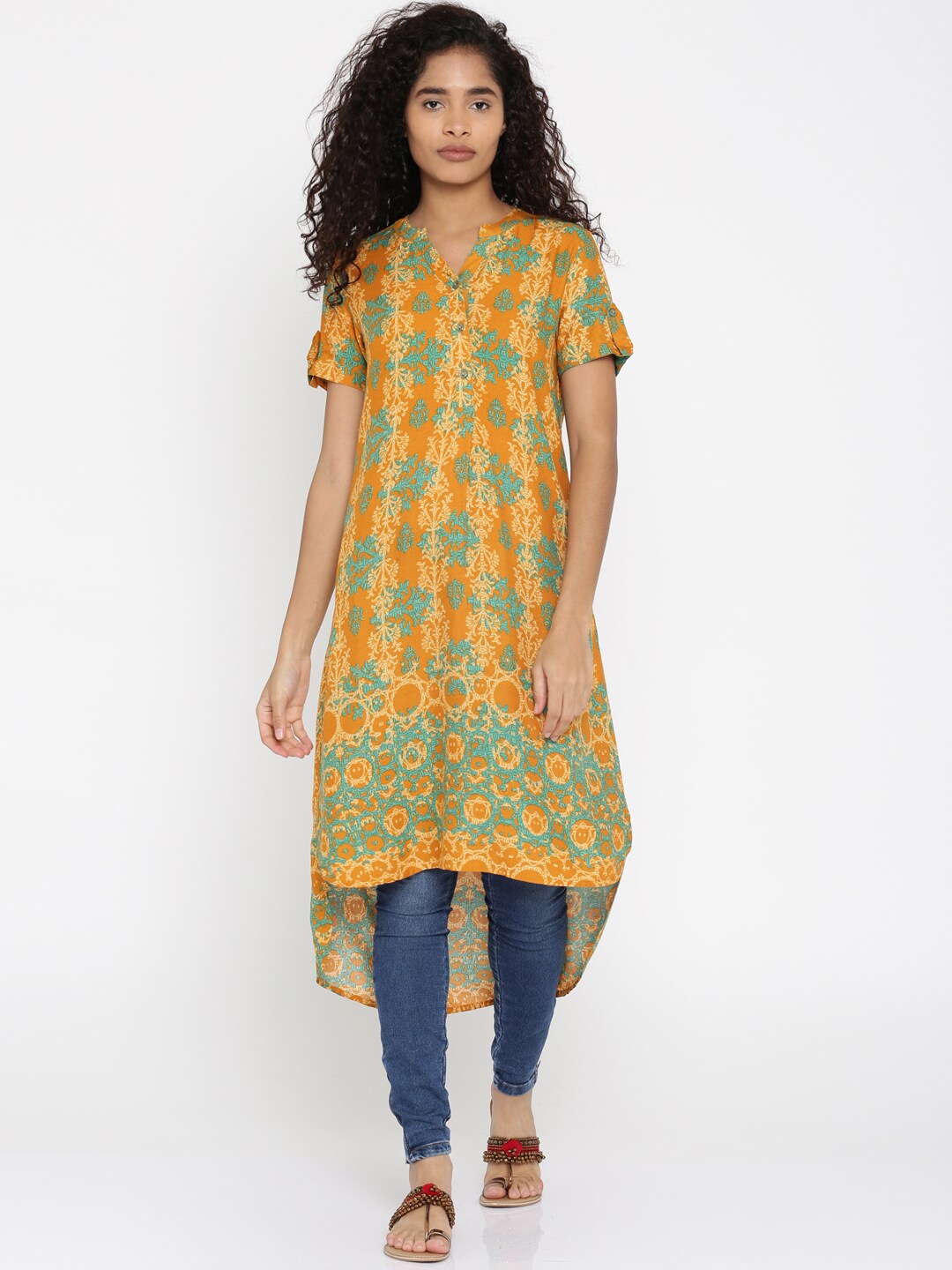 Global Desi Mustard Yellow  Green Printed High-Low Hem Tunic