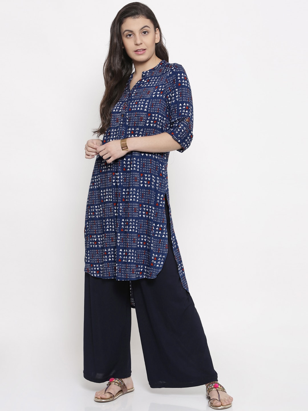 Global Desi Women Navy Blue  White Printed Straight High-Low Hem Kurta