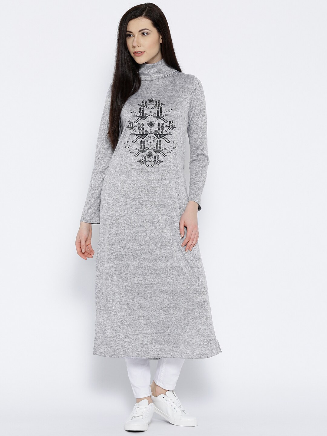 Global Desi Women Grey Melange Printed Kurta