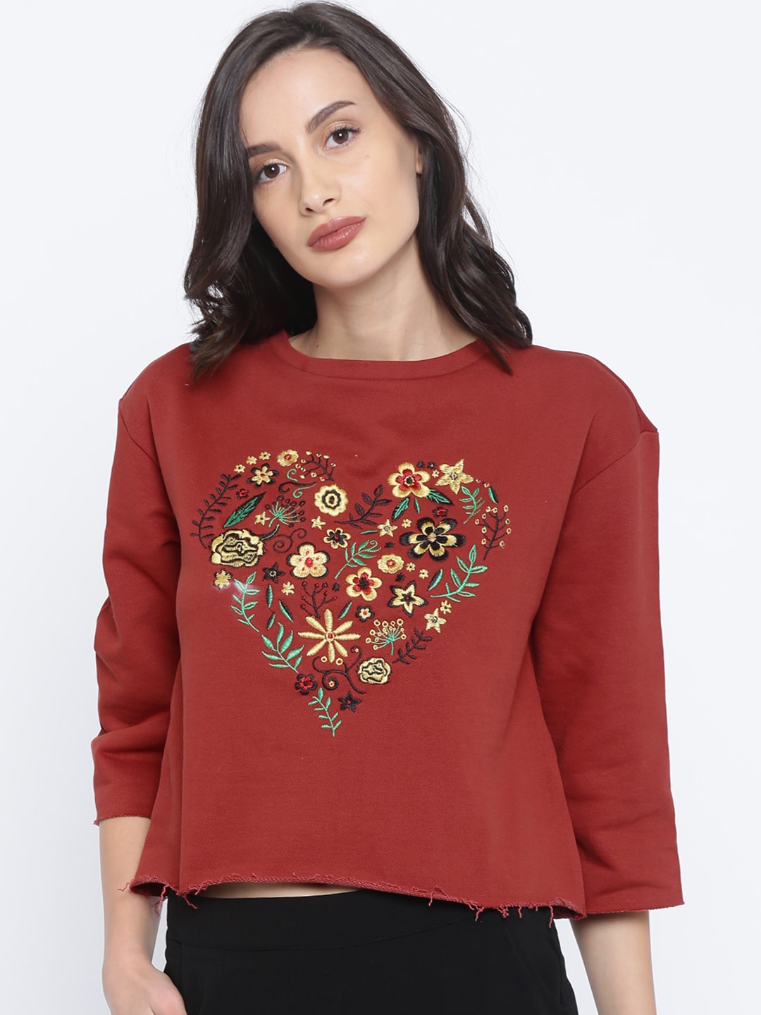 Ginger by Lifestyle Women Rust Brown Cropped Embroidered Sweatshirt