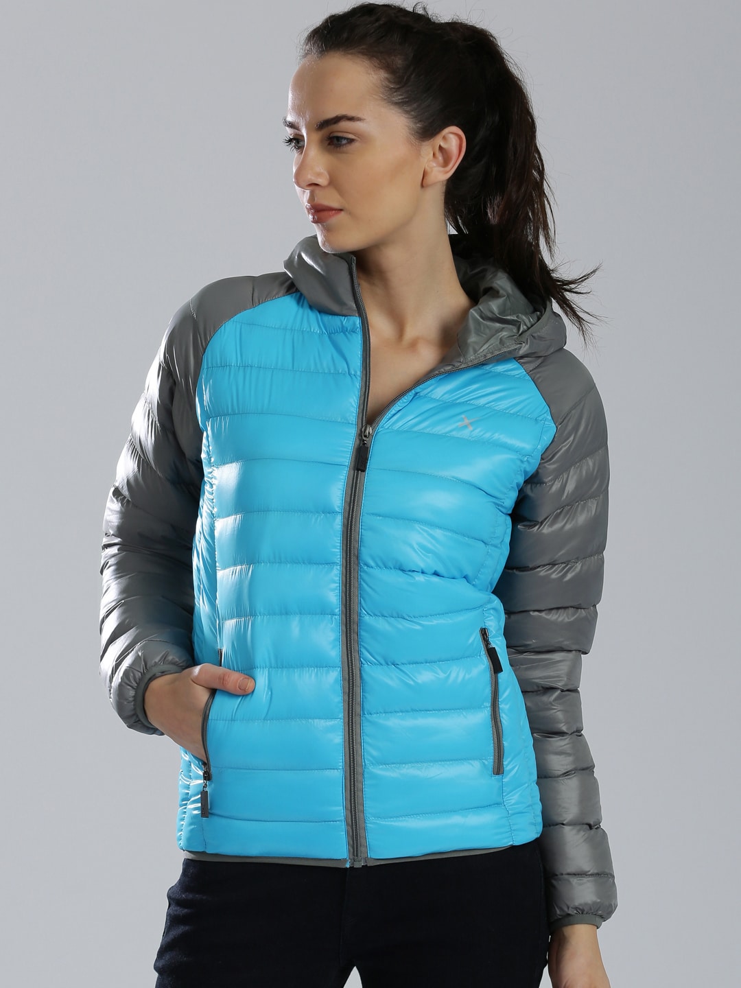 HRX by Hrithik Roshan Grey  Blue Hooded Puffer Jacket