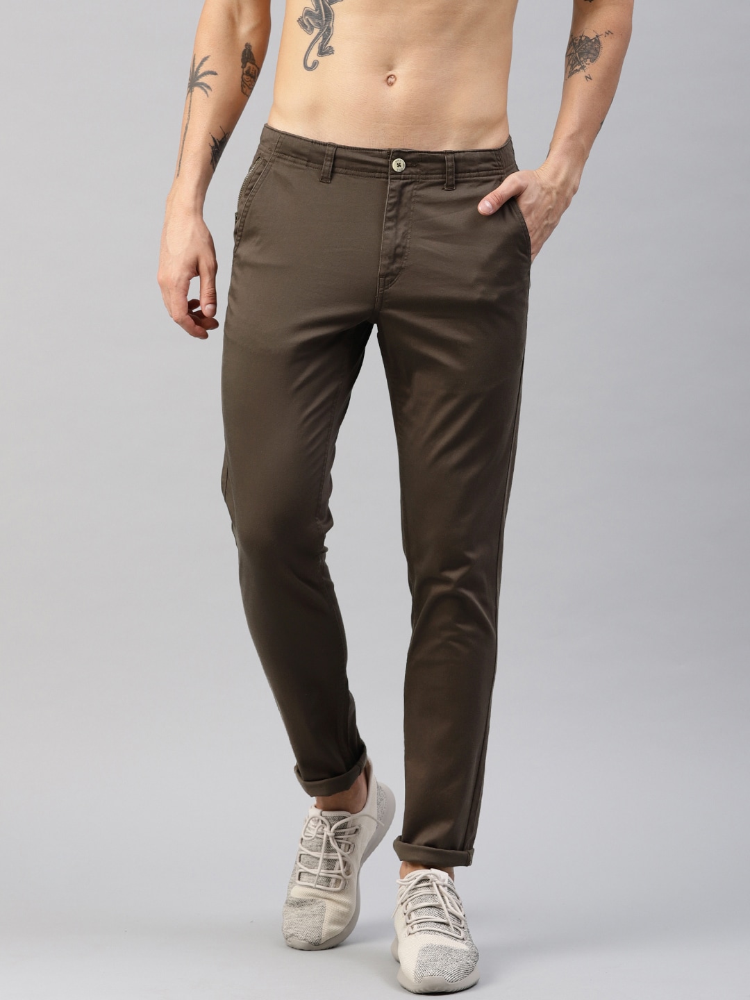 HRX by Hrithik Roshan Men Brown Slim Tapered Fit Solid Regular Trousers