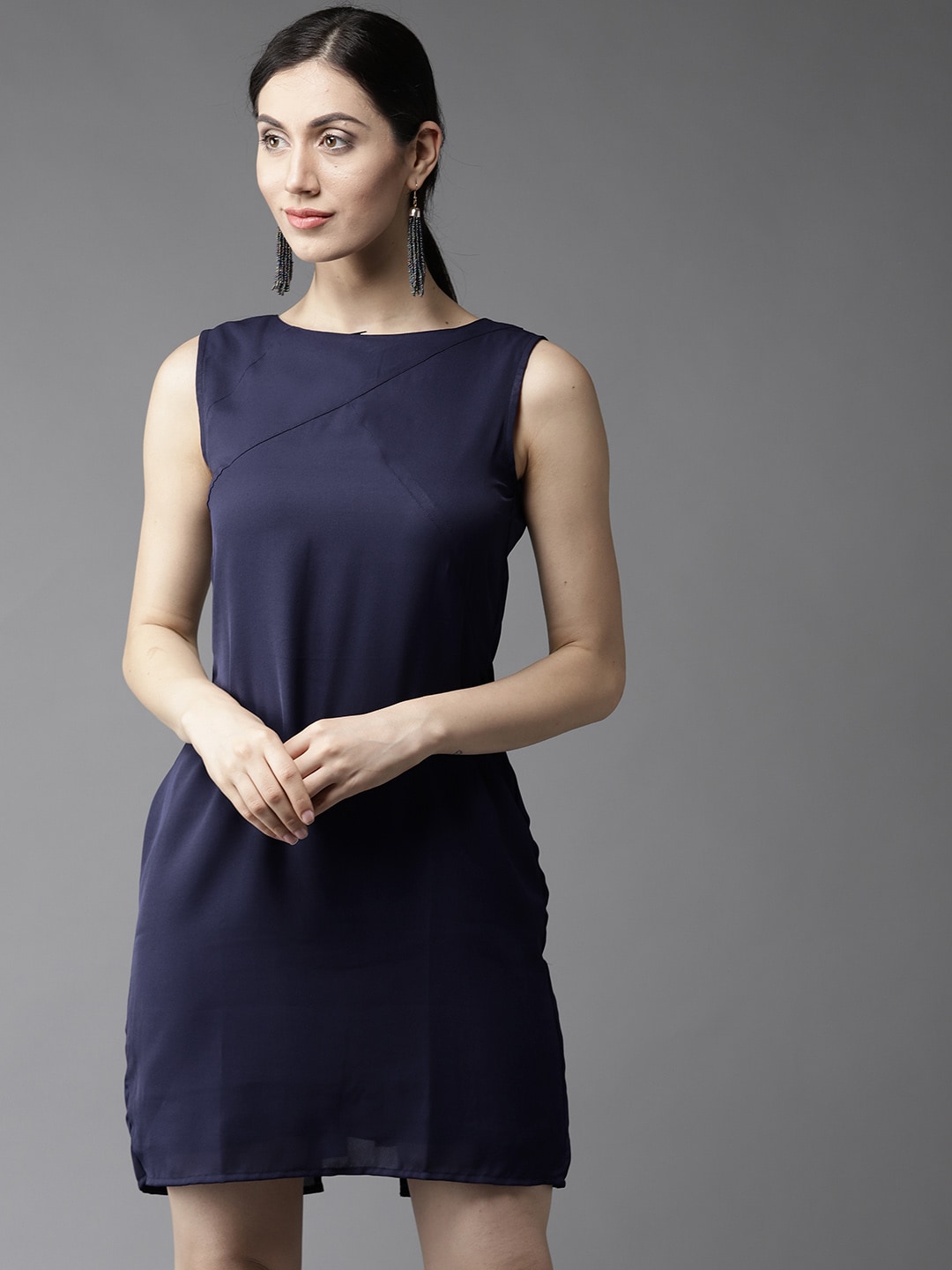 HERENOW Women Navy Blue Solid A-Line Dress