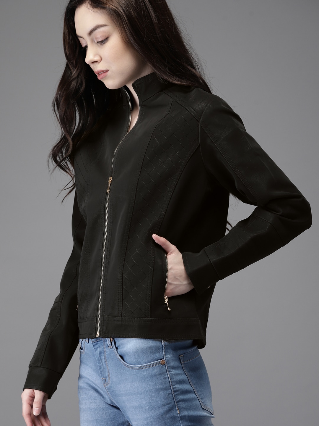 HERENOW Women Black Solid Biker Jacket