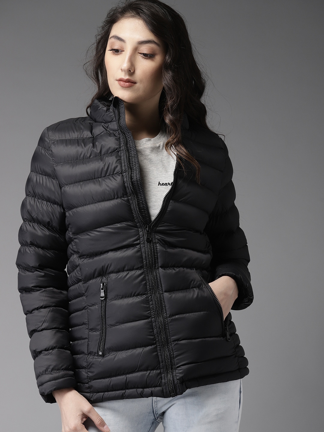 HERENOW Women Black Solid Puffer Jacket